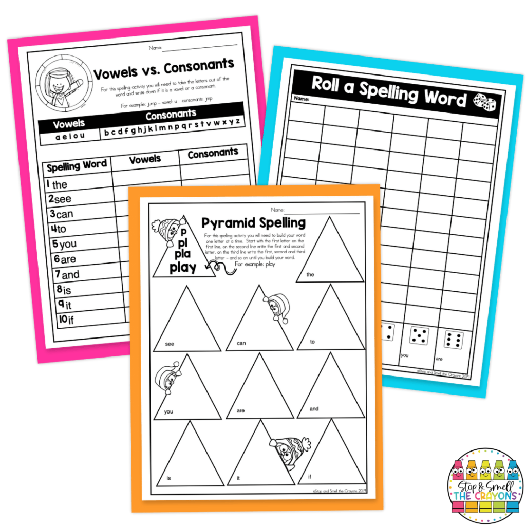 Students can practice spelling and vocabulary words using the worksheets in this image.