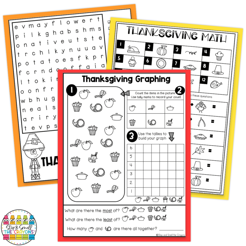 These fun practice pages include Thanksgiving themed activities for math and literacy.