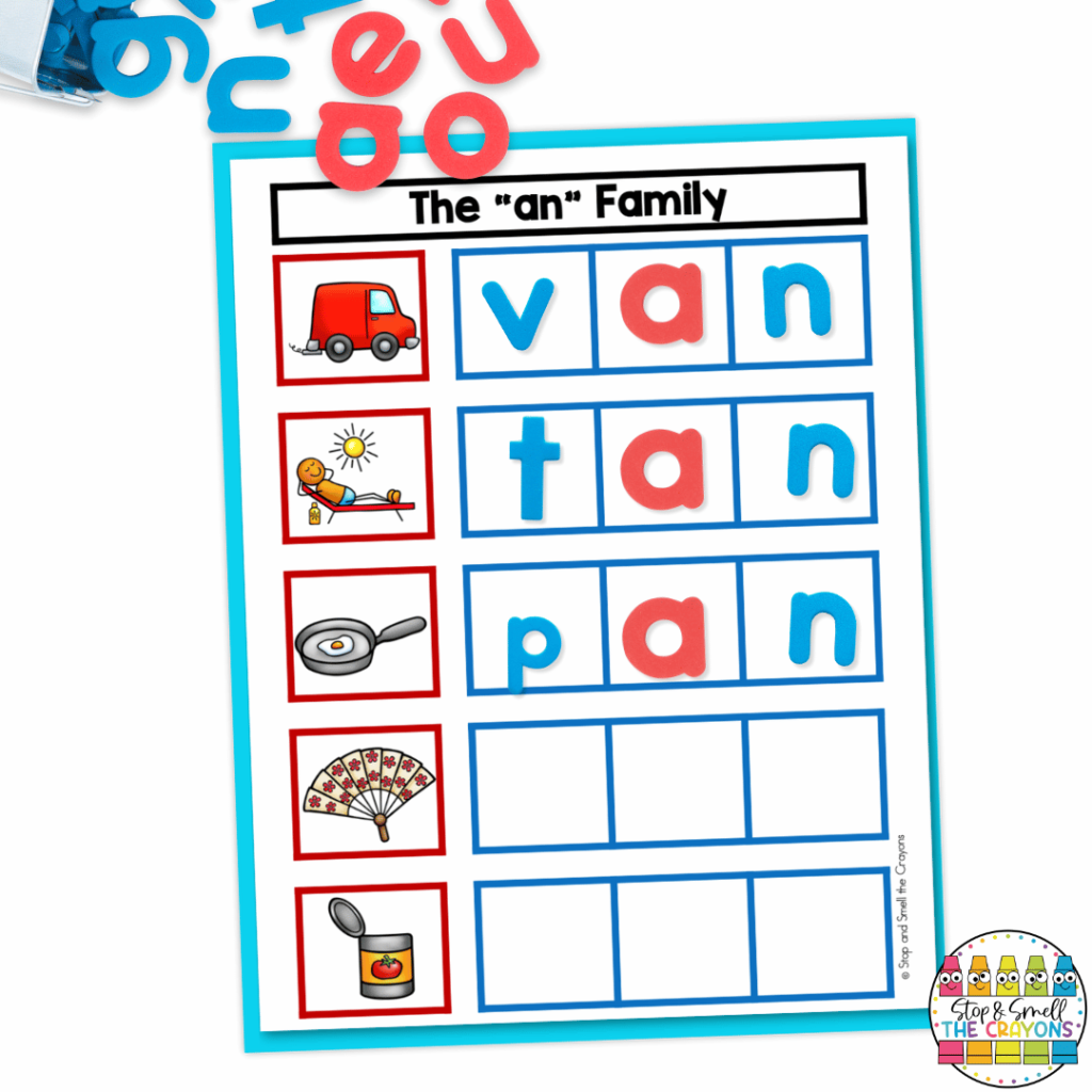 This image highlights cvc word mats that students can use to build words in the "an" family.