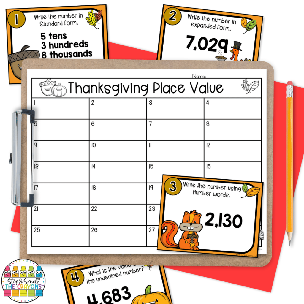 This image highlights Thanksgiving themed place value that you can add to your November activities.