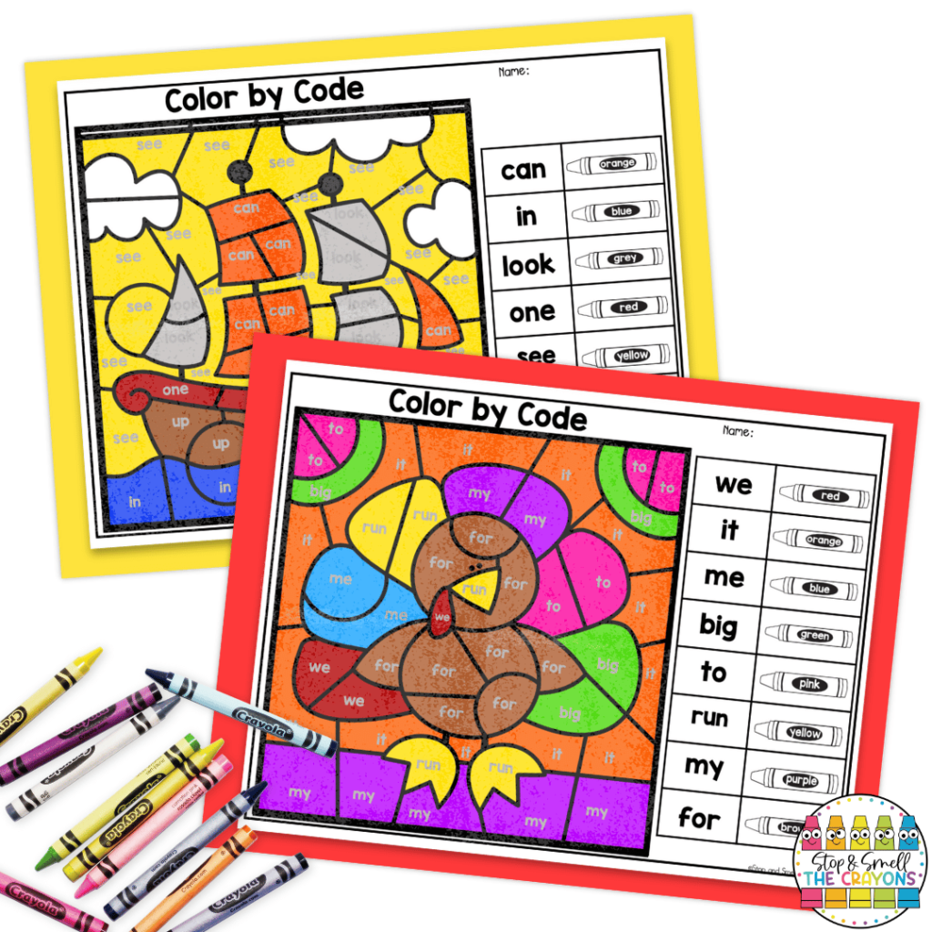 Students will color with a purpose using these color by code November activities.