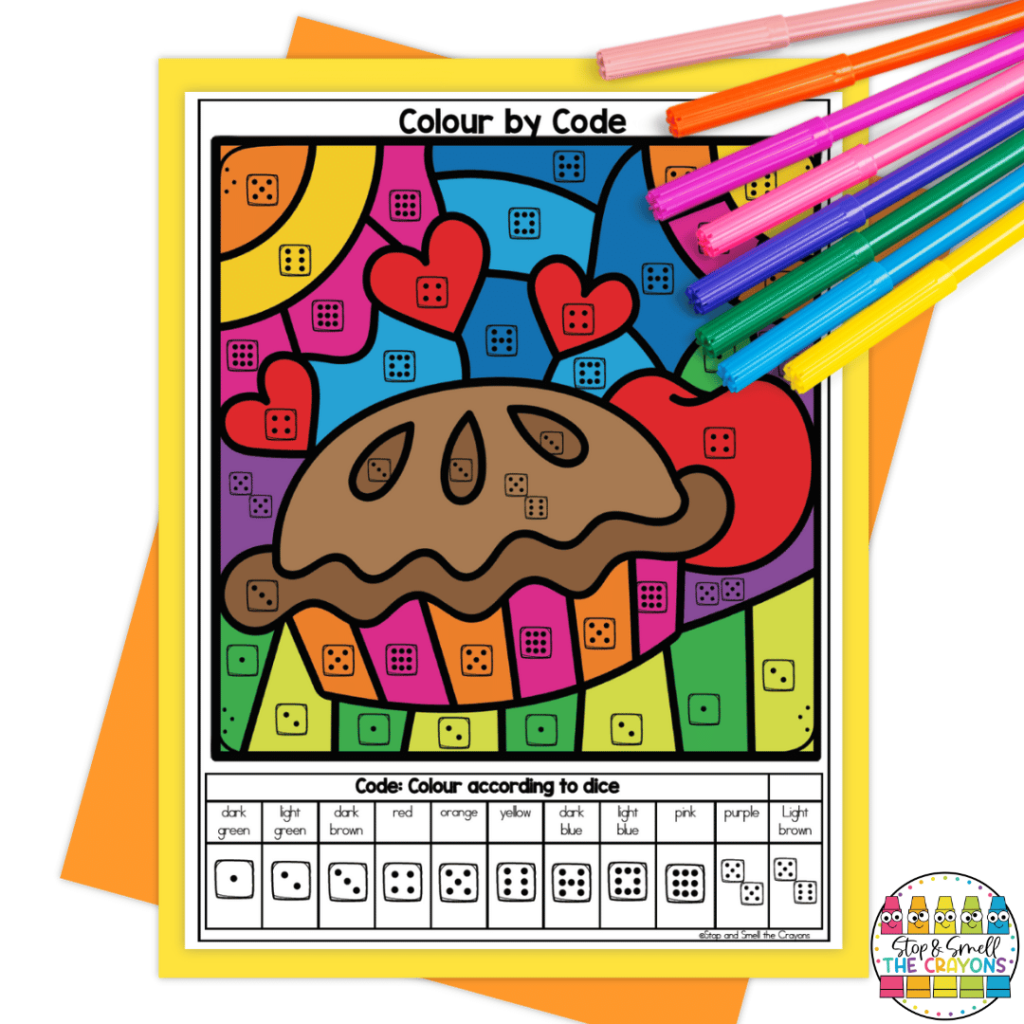 This image shows Thanksgiving color by code worksheets.