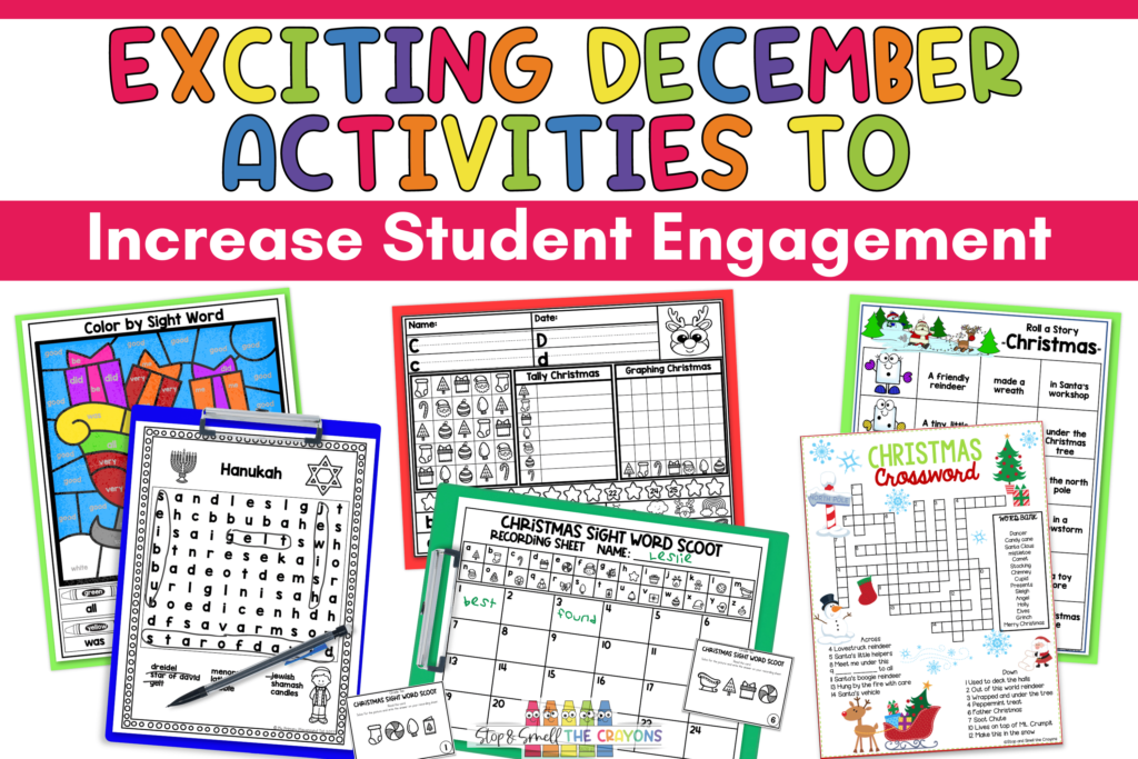 This image says, "Exciting December Activities for Students to Stay Engaged" and showcases some Christmas, Hanukah and Winter themed resources.