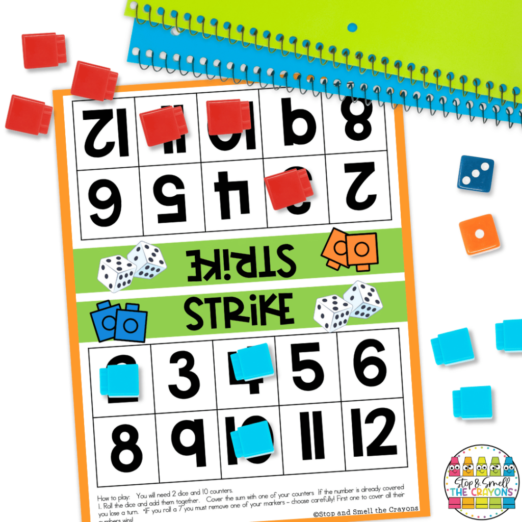 Strike is a fun and engaging math game that only requires dice and manipulatives.